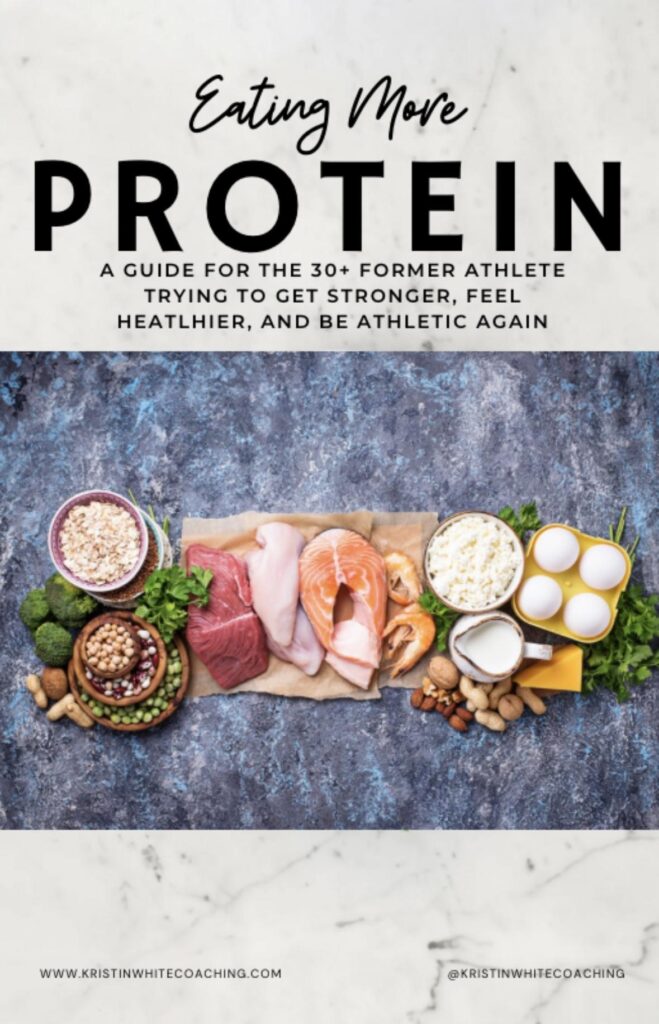 Cover image for the MWC protein guide, with a spread of protein-rich foods and a heading explaining that the guide is for 30+ year old former athletes